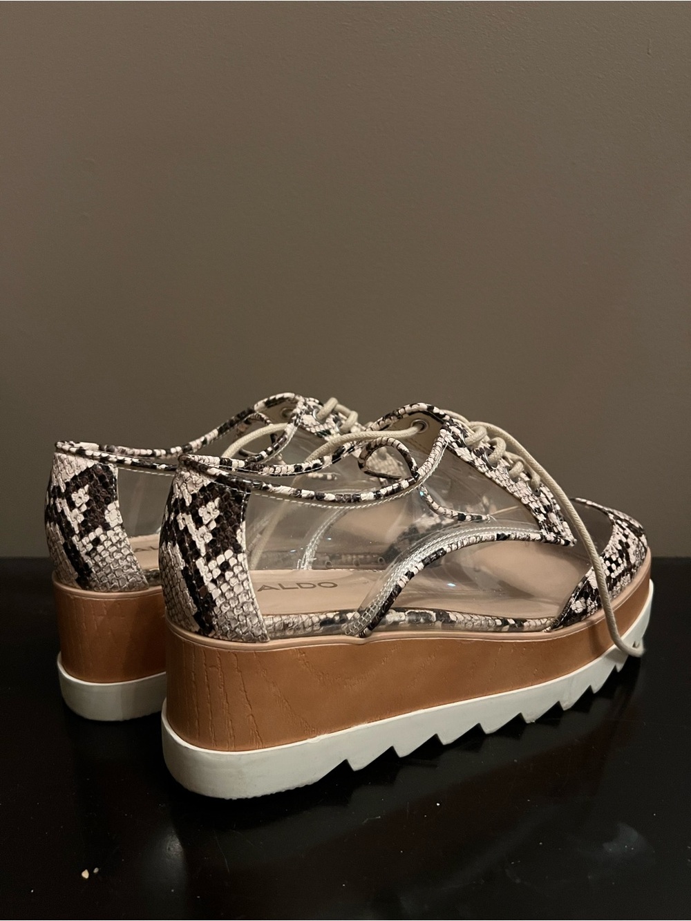 Aldo Womens Snake-Print Platform Sandal in Beige and Black - Picture 2 of 4